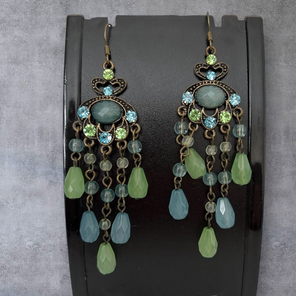 Long green gypsy design earrings brass copper color